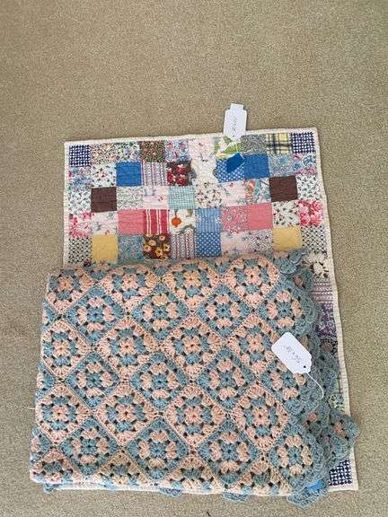 20“ x 26 in” quilt sampler 2”squares, 38“ x 56“ hand, crocheted lap blanket image