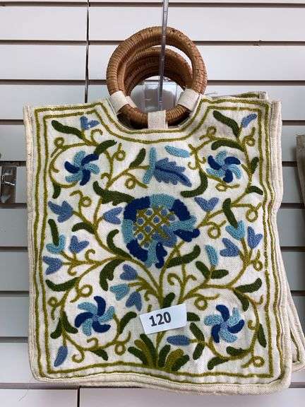 4 - Kashmiri handbags with crewel decoration, blue and green floral image