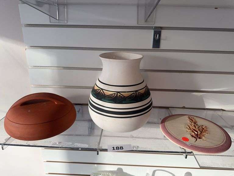 Terra Cotta 8” round baker, 9.5” signed pottery vase, pottery wall hanging image