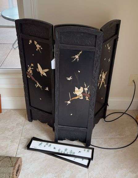 Asian style short 4 panel screen( 35”T x 40” w), 2 framed tiles(4” x 19”) image