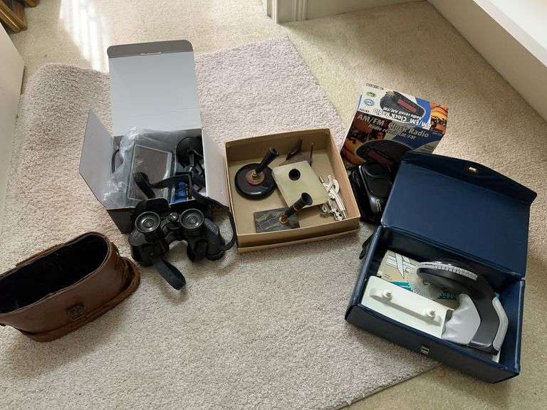 Office supplies,  Garmin navigation system,  minolta camera,  slide viewer, binoculars, label maker, 3 vintage fountain pen holders image