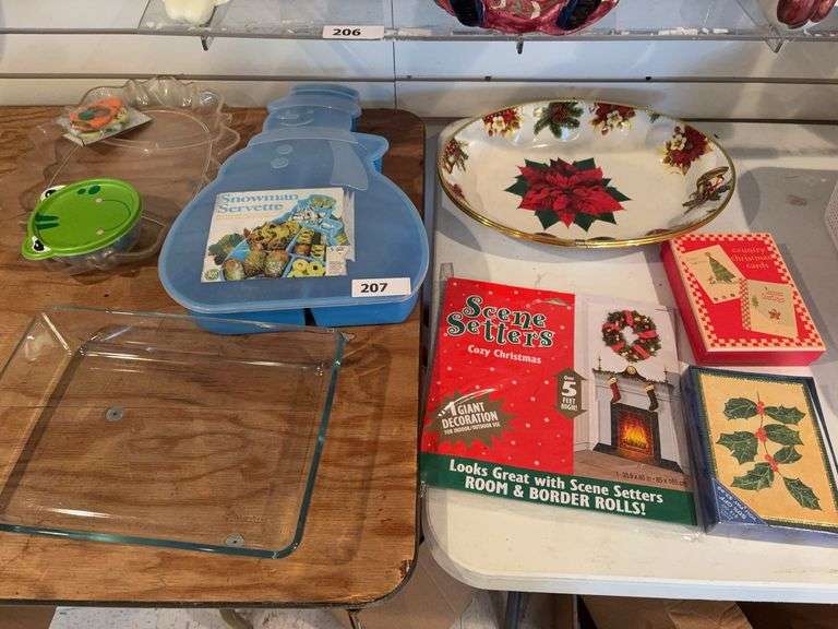Plastic snowman, glass baking dish, plastic poinsettias tray, Christmas cards image