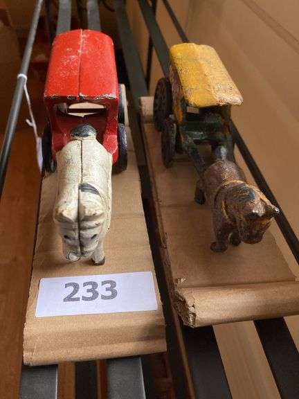Pair cast iron toy horse drawn wagons, ICE and MAIL