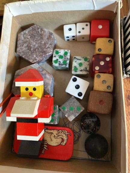 Metal box, keys, metals, dice, patch, etc