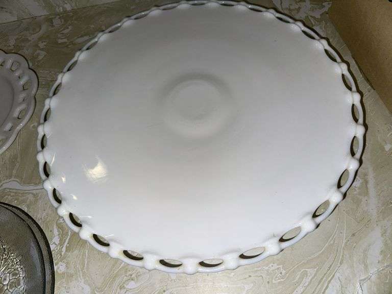 Milk glass lace edge large plate, 4 milk glass salad plates, 13 glass salad plates