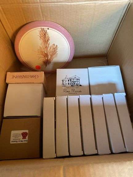Decorative 5.5” plates by Andrea, floral frames, basket of miscellaneous
