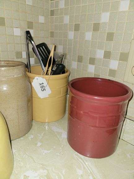 Longaberger Crock (burgundy and yellow), Yellow Crock w/lid, Crock