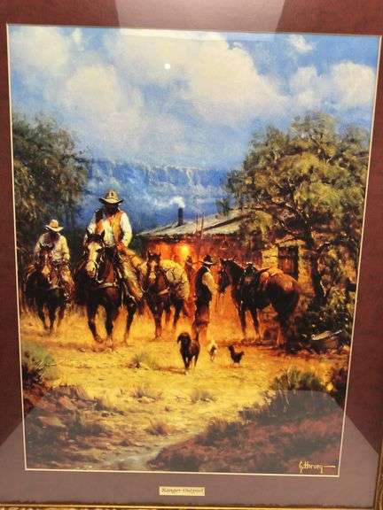 Framed G.Harvey “Texas Cowboys” (glass cracked) and “Ranger Outpost” prints