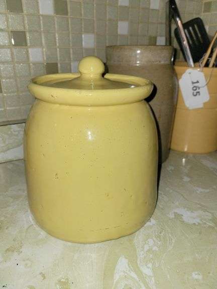 Longaberger Crock (burgundy and yellow), Yellow Crock w/lid, Crock