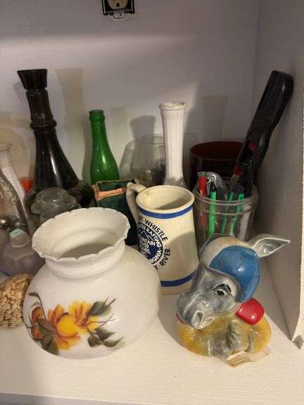Football Beam bottle, vintage Firex fire extinguisher, milkglass vases, PartyLite candleholders, misc