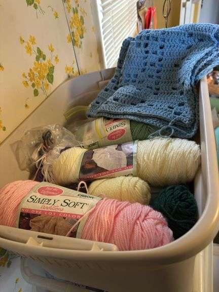 7 tubs of yarn, crochet thread and material