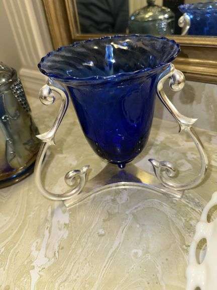 Carnival glass canister with lid, blue vase