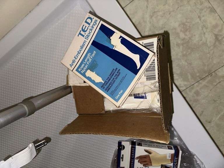 Shower seat, blood pressure cuff, stockings, thumb support, cushion