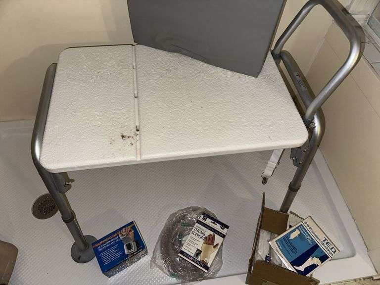 Shower seat, blood pressure cuff, stockings, thumb support, cushion