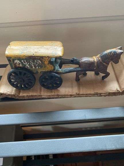 Pair cast iron toy horse drawn wagons, ICE and MAIL