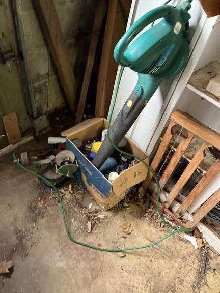 Electric leaf blower, metal cabinets & contents, mini school desk