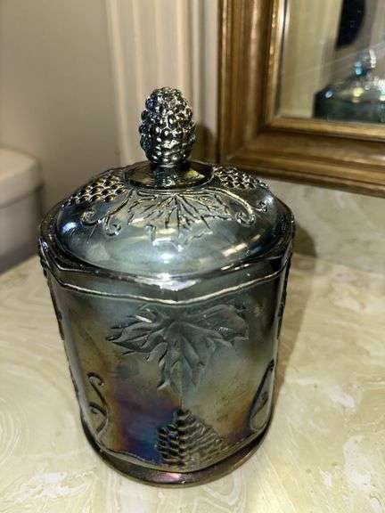 Carnival glass canister with lid, blue vase