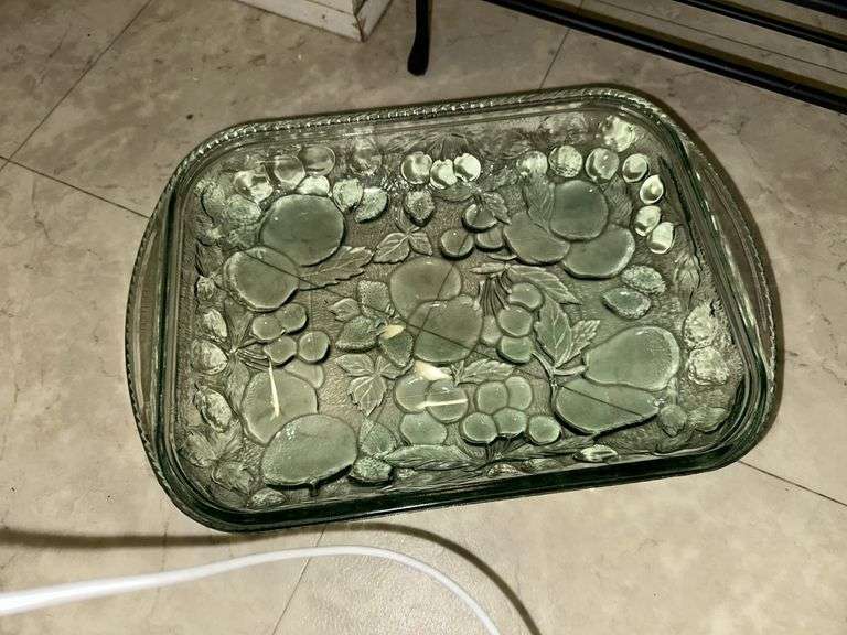 Glass casserole dish, iron stand