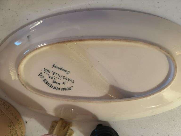 Decorative eggs, spoon, Crown Potteries divided dish