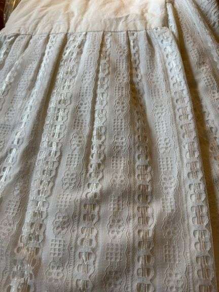 3 banquet size white handmade table skirts ( beautiful ) 1 green striped table skirt banquet size