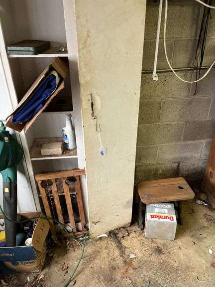Electric leaf blower, metal cabinets & contents, mini school desk