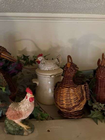 Chicken canister, wicker chickens, rooster figures