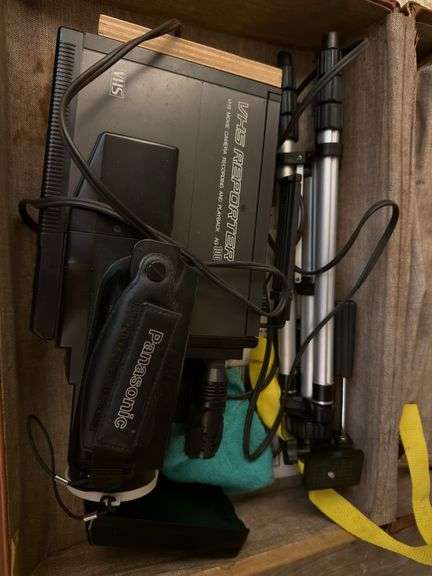 Suitcase with vhs recorder & tripod, camera bag with Sony Handycam