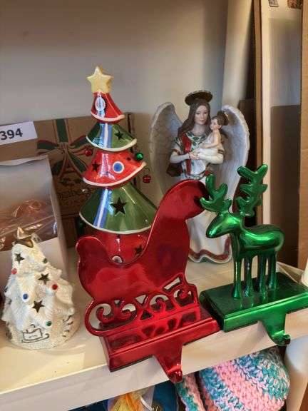 4th  shelf of Christmas longaberger plate, angels, ceramic tree, Home interior angel, sock monkeys