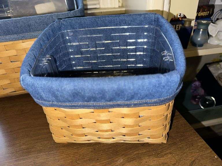 Small and large Longaberger media baskets with denim liners