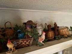 Chicken canister, wicker chickens, rooster figures
