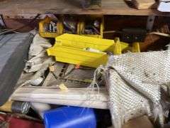 Contents of Work bench & contents (excluding saw sharpener)