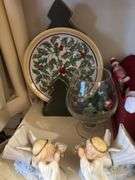 4th  shelf of Christmas longaberger plate, angels, ceramic tree, Home interior angel, sock monkeys