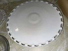 Milk glass lace edge large plate, 4 milk glass salad plates, 13 glass salad plates