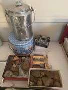 Misc rocks, mini binoculars, kettle, tin, pink crystal