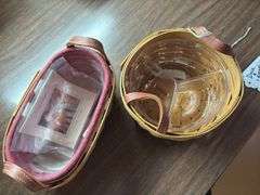 Longaberger classic Knick knack  basket with burgundy liner and protector ,dated 2004. Button basket with 3 way divided protector dated 2004.