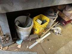 Contents of Work bench & contents (excluding saw sharpener)