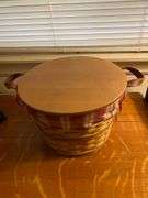 Longaberger Double Handled Round Basket with lid 12”Diameter x 8.5”H, tablecloth and 4 napkins