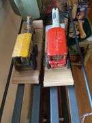 Pair cast iron toy horse drawn wagons, ICE and MAIL