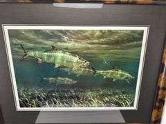 2 Prints by Michael Stidham (1954), titled "Four Permit fish in shallows” and Tarpon