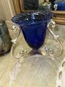 Carnival glass canister with lid, blue vase