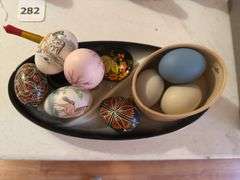 Decorative eggs, spoon, Crown Potteries divided dish