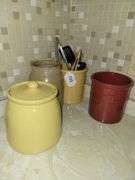 Longaberger Crock (burgundy and yellow), Yellow Crock w/lid, Crock