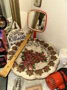 Plastic serving bowl, lighthouse wall hanging, sand painting mini picture, 2 cat mugs, hairdryer, back scratcher, shower curtain hooks