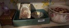 Shelf of old chamber pot and Stangl pottery, paperweight, glass cat, ceramic box