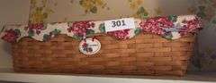 Classic longaberger window box with geranium liner , tie on and protector . Dated 2002.