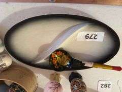 Decorative eggs, spoon, Crown Potteries divided dish