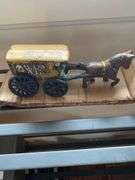 Pair cast iron toy horse drawn wagons, ICE and MAIL