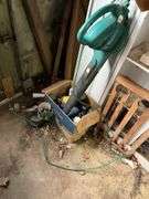 Electric leaf blower, metal cabinets & contents, mini school desk