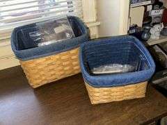 Small and large Longaberger media baskets with denim liners