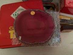Misc rocks, mini binoculars, kettle, tin, pink crystal